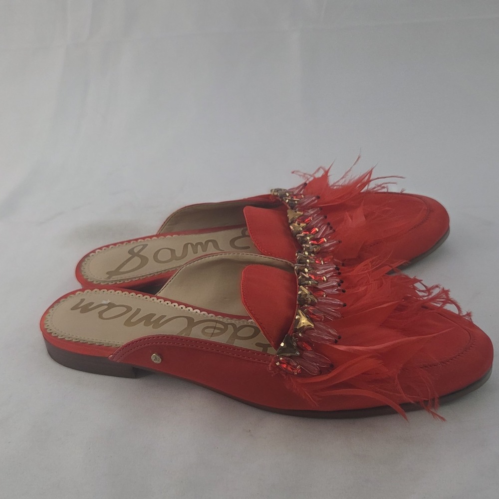 Sam Edelman Mules Womens Size 7.5 M Red Satin Feather Embellished Slip On Shoes - Picture 4 of 8